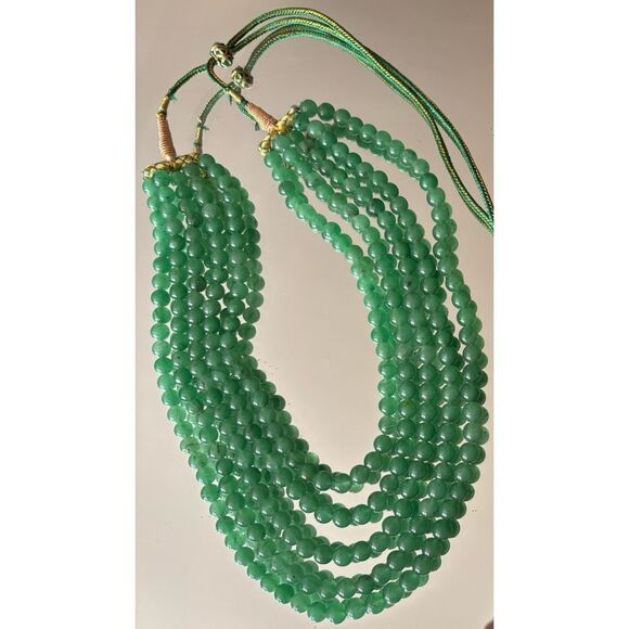 Vintage NATURAL 5 LINE RICH GREEN AQUAMARINE ROUND BEADS NECKLACE - Picture 2 of 6
